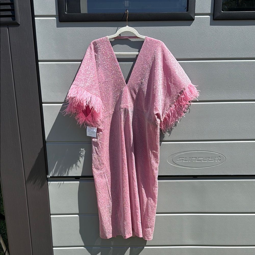 Pink Glitter Kaftan with Feather Trim - BRAND NEW - One Size - Glitter Cover Up